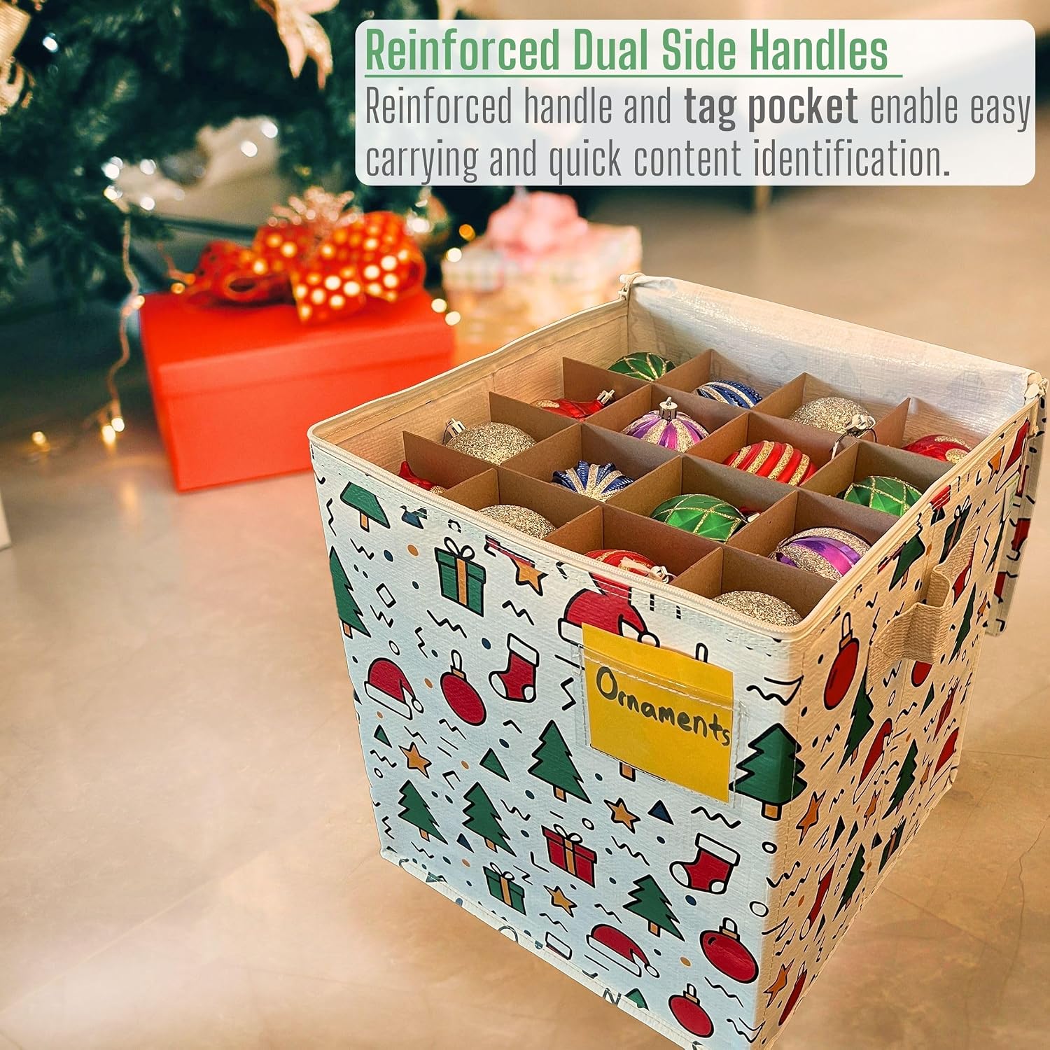 VENO 2 Pack Christmas Ornament Storage Box, Holiday Ornament Organizer with Adjustable Dividers, Sturdy Storage Containers for 64 Ornaments, Zippered Lid & Handles, 3" Cube (Jingle Mix)
