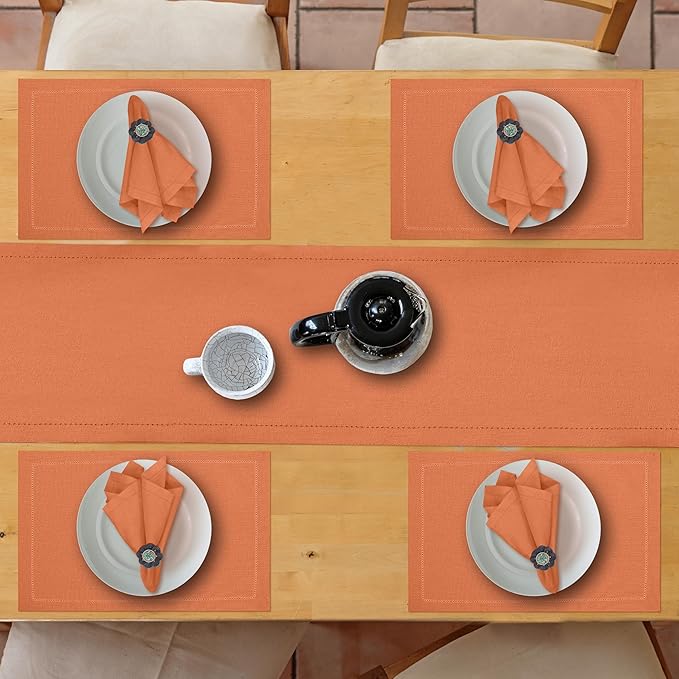 Ruvanti Linen Table Runner 120 Inches, Classic Hemstitch, Washable, Reusable, Non-Slipping, Stain Resistant- Perfect for Parties, Weddings, Dinners, Thanksgiving, Christmas, Indoor use – Orange