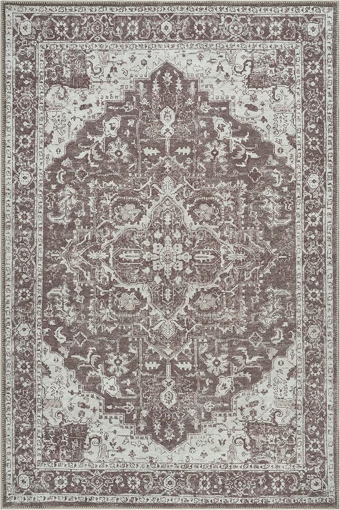 Bloom Rugs Washable Non-Slip 5' x 7' Rug - Dark Brown Traditional Medallion Area Rug for Living Room, Bedroom, Dining Room, and Kitchen - Exact Size: 5' x 7'