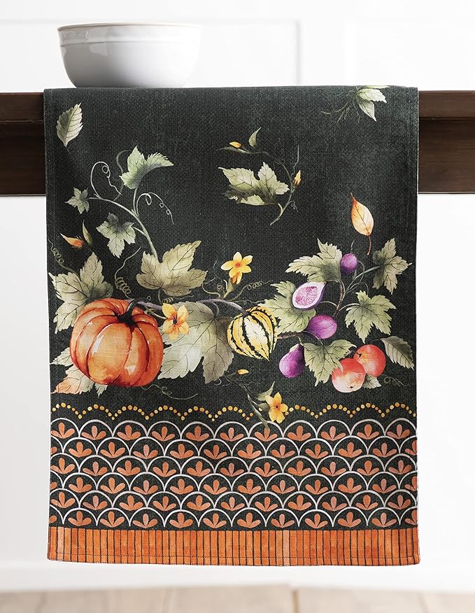 Maison d' Hermine Table Runner 100% Cotton Double Layer Table Runners 108 inches Long for Thanksgiving Christmas Decorations Home Kitchen Dining Wedding (Pumpkin Garden - Dark Green, 14.5" x 108")