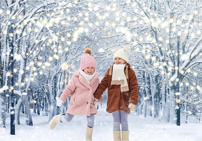 8x6FT Winter Snowy Scene Photography Backdrop Winter Wonderland Landscape Snowflake Tree Snowy Background Bokeh Glitter White Snow Forest Party Photo Booth Studio Props