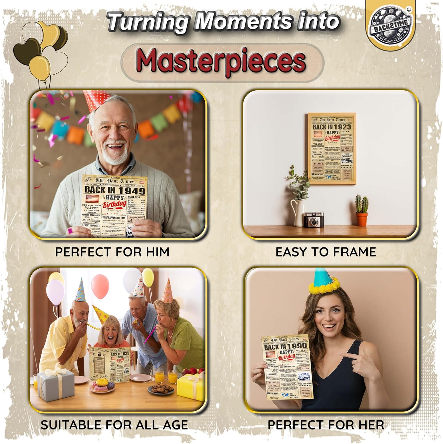 Back2Time 80th Birthday Cards for Men & Women - Back In 1946 Newspaper (Bday Card + Envelope) Large HAPPY BIRTHDAY Decorations for Her Him Vintage Funny card for Wife Husband & Grandparents 80 years