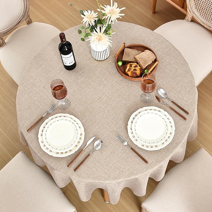Fitable Faux Linen Textured Beige Round Tablecloths 60 Inches - 2 Pack Faux Burlap Table Clothes for Banquet, Party, Dining, Farmhouse, Outdoor (Great for 20"-48" Round Tables)