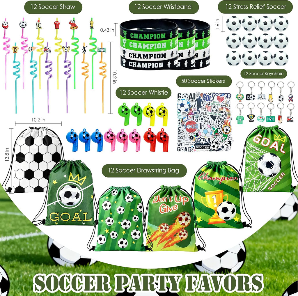 J6&H6 2026 Soccer Party Favors Soccer Goodie Bags Including 12 Soccer Drawstring Bags Stress-relieving Soccer Straws Keychains silicone Wristband and stickers for Soccer Party Gift. (soccer)