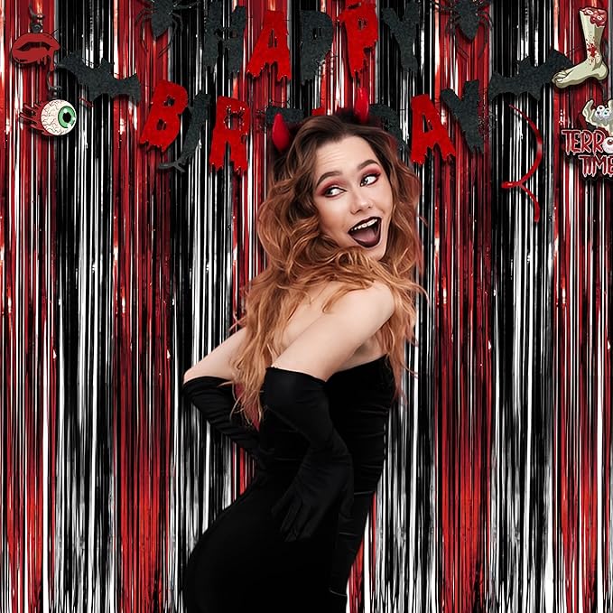 Black Red Party Streamers Backdrop - GREATRIL Foil Fringe Tinsel for Stranger/Friday Party/Halloween Party Decorations - 3.2ft X 8.2ft - 2 Packs