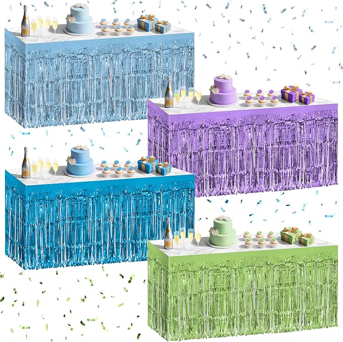 4 Pack Blue Lime Green Purple Series Table Skirts, 29x108" Metallic Foil Tinsel Fringe Table Skirt for Rectangle Tables Streamer Curtains Backdrop, Party Decorations for Birthdays, Weddings, Holidays