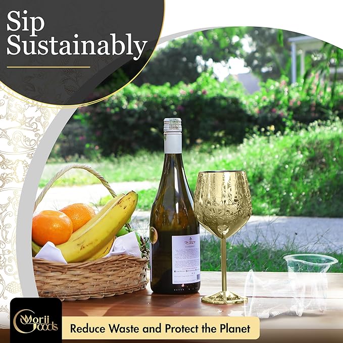 Stainless Steel Wine Glasses - Set of 2 Etched 16 oz Metal Goblets, Unbreakable Gold Cups for Camping, Travel, Outdoor Events, Picnics, Luxury Wine Gifts for Women and Men