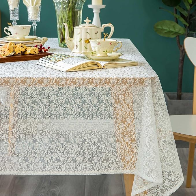 Lace Tablecloth Leaf Pattern Warp Knitting Fabric Solid White Rectangle/Oblong Table Cover for Kitchen Dining Farmhouse Wedding Party Decor Ivory, 55x102 Inch
