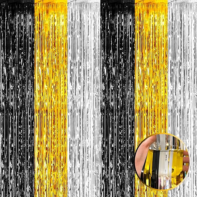 4 Pack Black Gold Silver Foil Fringe Curtain Backdrop, 3.28Ft x 8.2Ft Metallic Tinsel Foil Fringe Streamers for Photo Booth, Wedding, Notorious One Birthday Roaring 20s Graduation Party Decoration