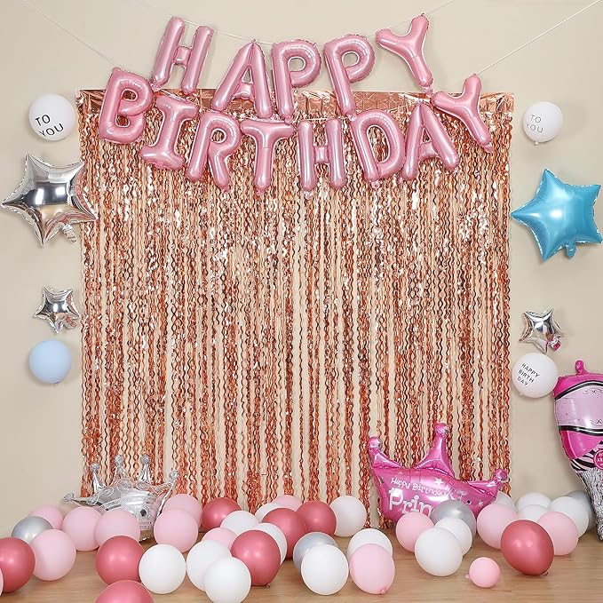 Wavy Fringe Curtain - Rose Gold, 3.3 ft x 6.6 Feet, Pack of 3 | Party Decorations, Streamers for Birthday Backdrop