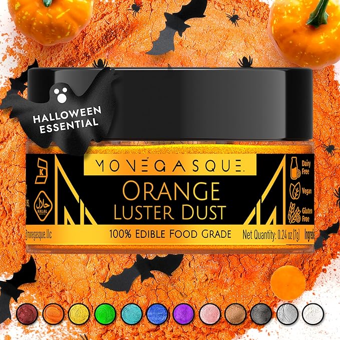 MONÉGASQUE Orange Edible Glitter for Drinks 7g – Edible Glitter for Cakes & Cocktails - Orange Luster Dust for Cocktail, Halloween Cake, & Strawberries - Drink, Food Decorations, Cake Decorating Spray