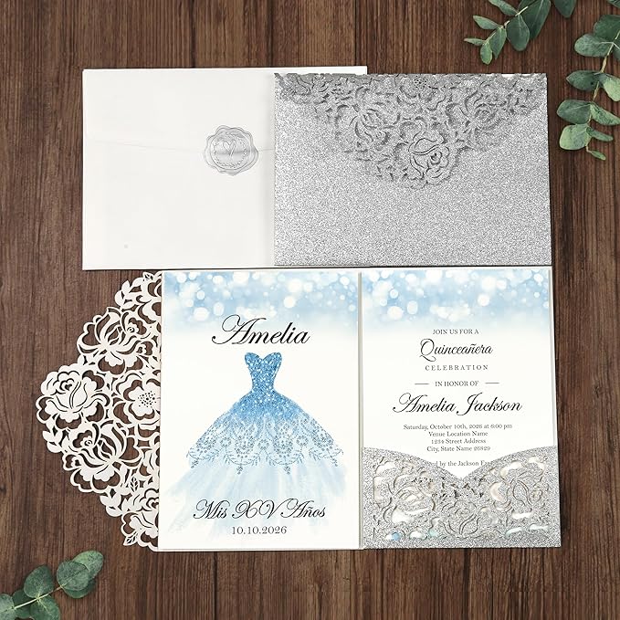 DORIS HOME 50pcs Laser Cut Quinceanera Invitation Pockets with Envelopes Silver Glitter, 5.12" x 7.12"Invitation Cards for Birthday, Miss 15, Sweet 16 (No Inserts Included)