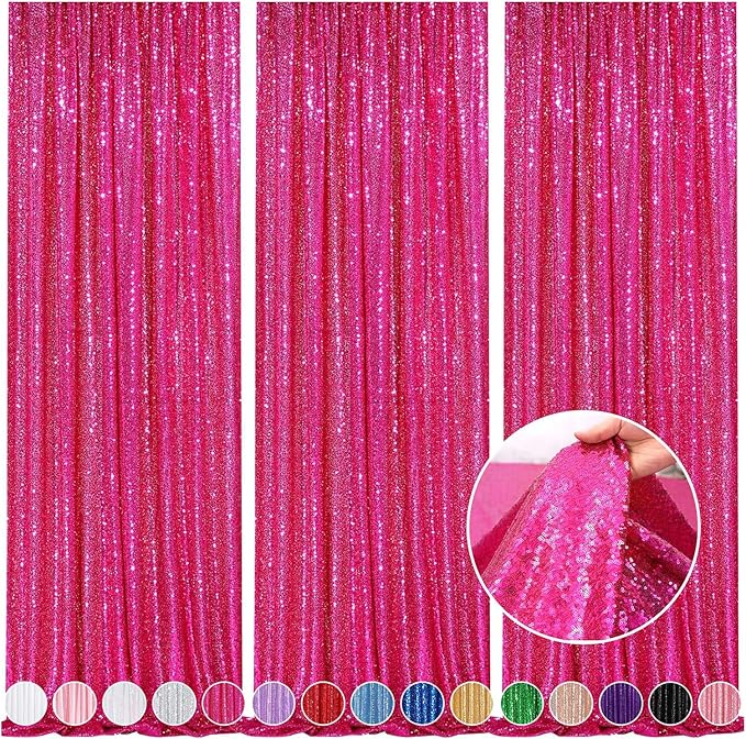 Hot Pink Sequin Backdrop Curtain for Party Fuchsia Background Drapes Panels 6FT x 8FT Glitter Fabric (3 Pieces 2FT x 8FT)