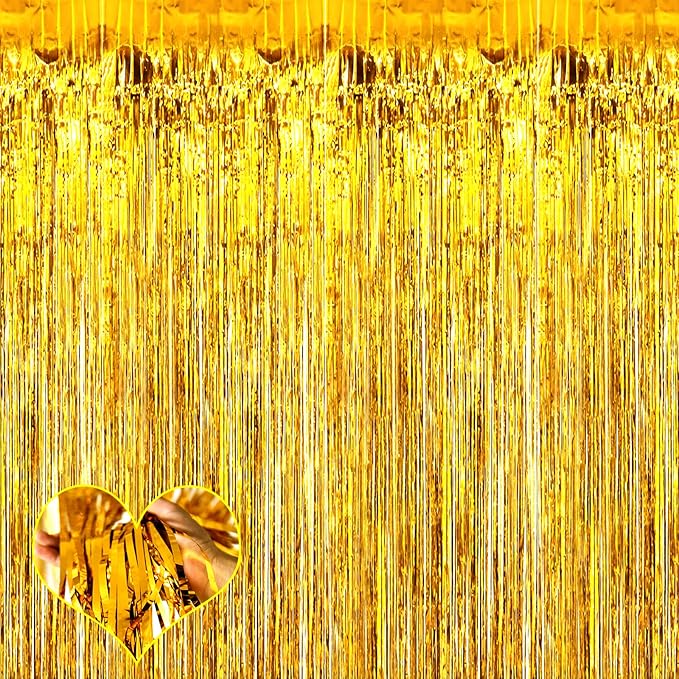 4 Pack Gold Fringe Curtain Backdrop, 3.2Ft x 6.6Ft Metallic Tinsel Foil Fringe Streamers Background for Photo Booth Birthday Wedding Baby Shower Carnival Easter Mother’s Day Party Decorations