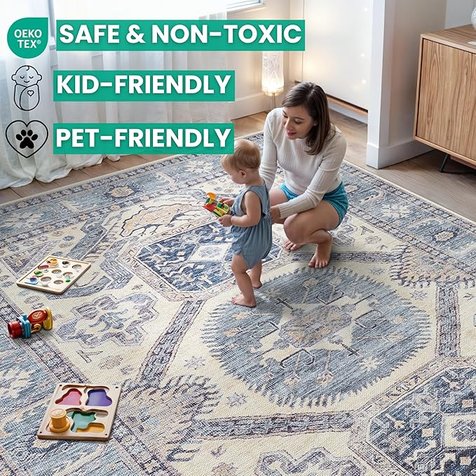 Bloom Rugs Washable Non-Slip 5' x 7' Rug - Blue/Beige Traditional Oriental Area Rug for Living Room, Bedroom, Dining Room, and Kitchen - Exact Size: 5' x 7'