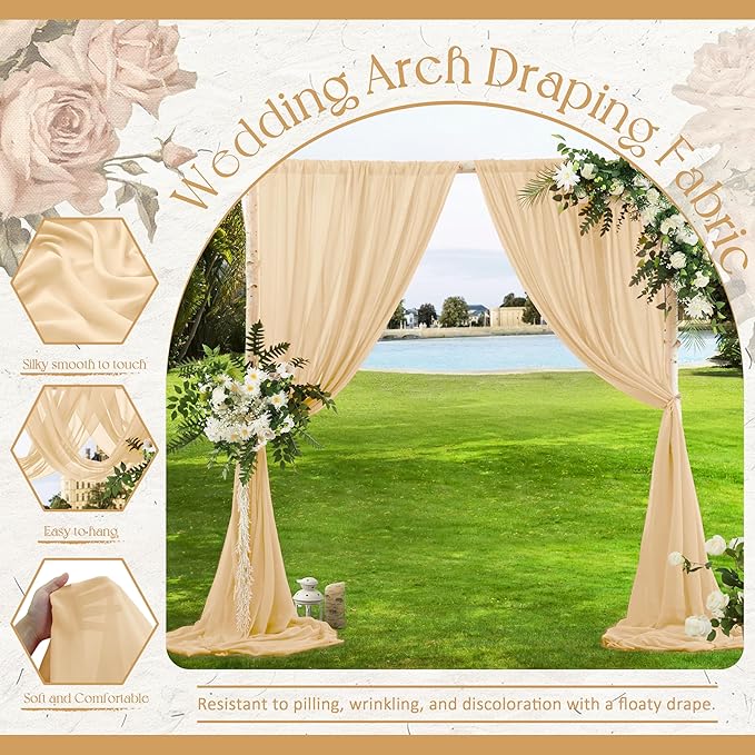 VACVELT Wedding Arch Draping Fabric Champagne Chiffon, 1 Panel Sheer Drapes 30 Inch x 20ft Chiffon Backdrop Curtain Decor, Outdoor Sheer Drapery for Ceremony Party Ceiling