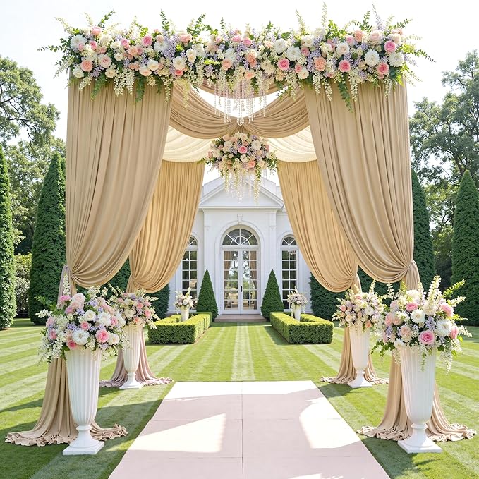 leegleri 40ftx12ft Wrinkle Free Beige Backdrop Curtain, 8 Panels 12FT Height Beige Wedding Backdrop Drapes, Silky Polyester Back Drop Cloth for Birthday Photography Background Party Backdrop Draping