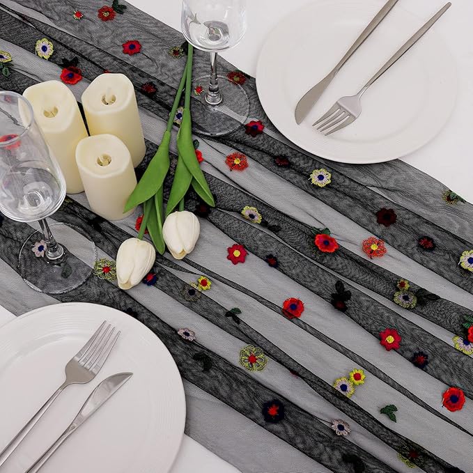 BINBE 6pcs Black Daisy Fall Table Runner Embroidery Gauze 10FT Florals Seasonal Tulle Holiday Birthday Kitchen Dining Table Decor for Home Party