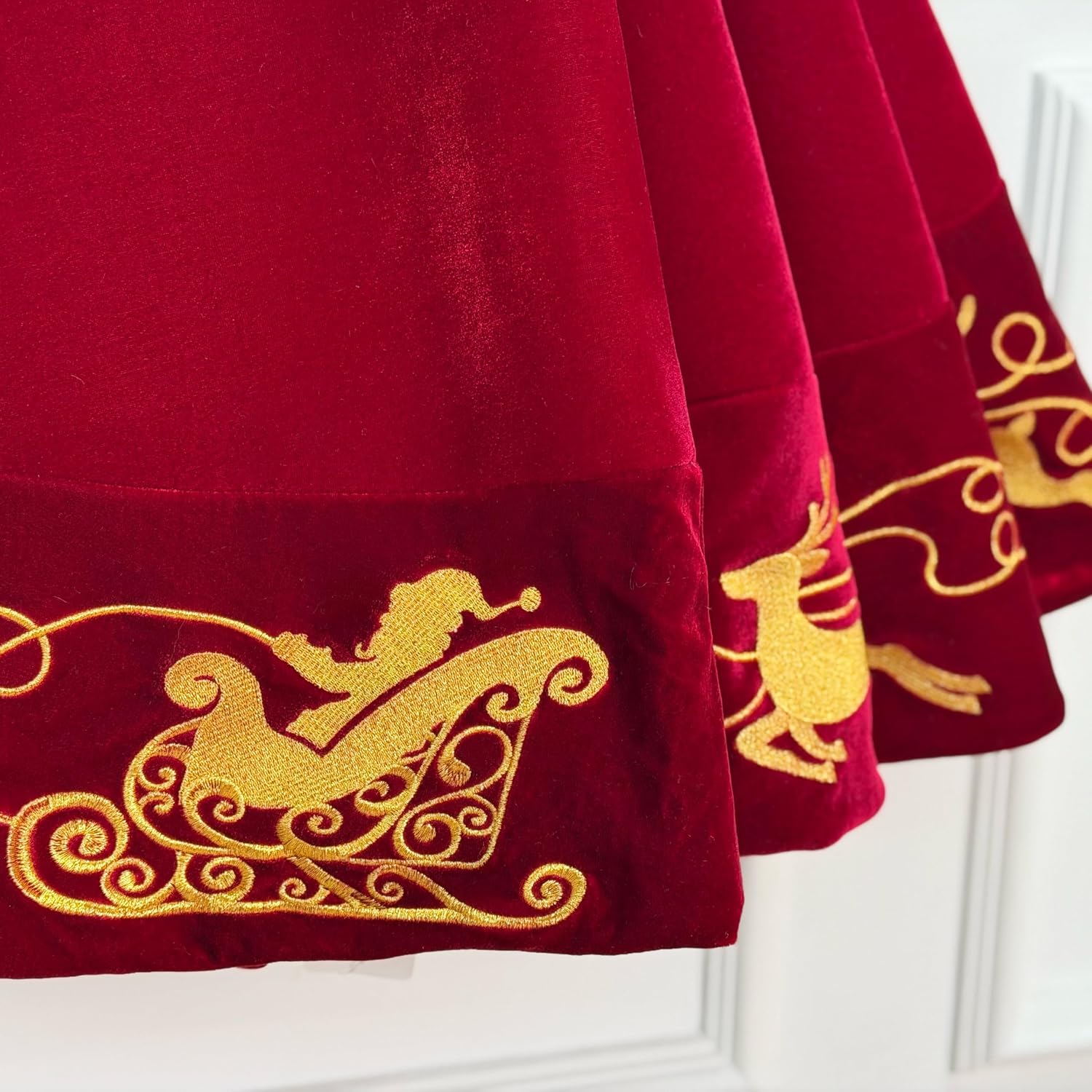 60-Inch Velvet Christmas Tree Skirt with Gold Reindeer and Santa’s Sleigh Embroidery, Lace Tie Closures, Wine