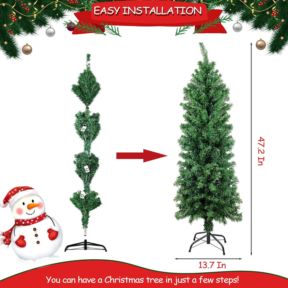 suunyglade 4ft green artificial christmas tree, premium hinged, side view