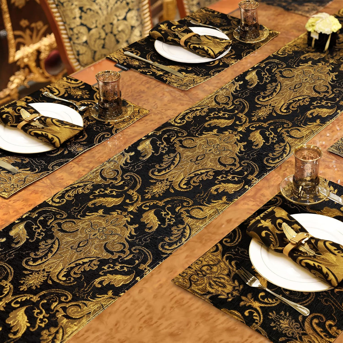 Loom and Mill Luxury Vintage Chenille Table Runner 108 Inches Long, Black