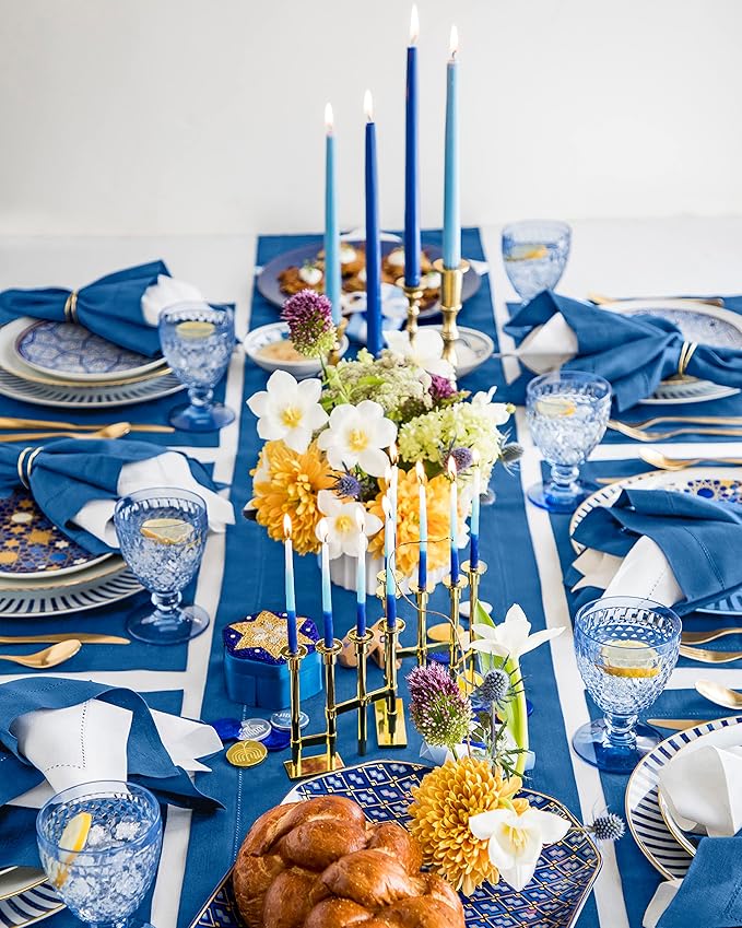 Solino Home Linen Hemstitch Table Runner 120 Inches Long - 100% Pure Linen Indigo Blue Table Runner 14 x 120 Inch for Fall, Autumn, Christmas - Classic Hemstitch