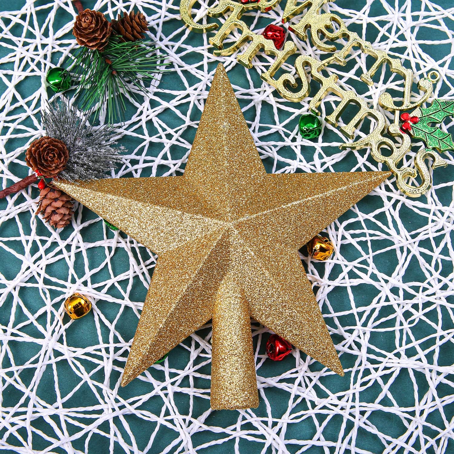 Aneco Glitter Mini Christmas Tree Topper Shatter-Proof Small Christmas Tree Decoration Treetop for Holiday Ornament or Home Decor, (Gold, 4 inch)