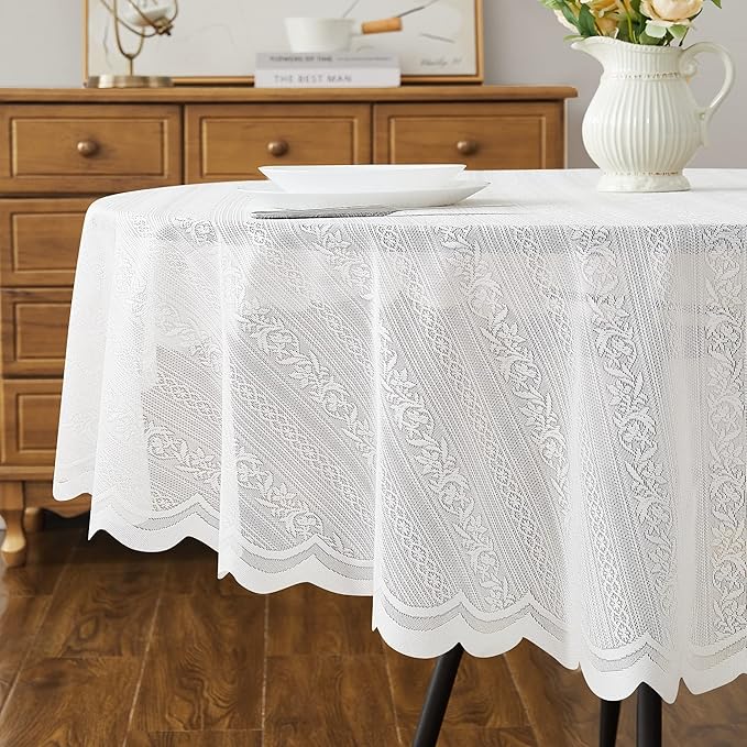 LinenZone Lace Round Tablecloth with Elegant Scalloped Bottom for Any Special Event Such as Wedding, Birthday Party, Baby Shower, Anniversary. Sits 6 to 8 People. (Linda 90 Round, Ivory)