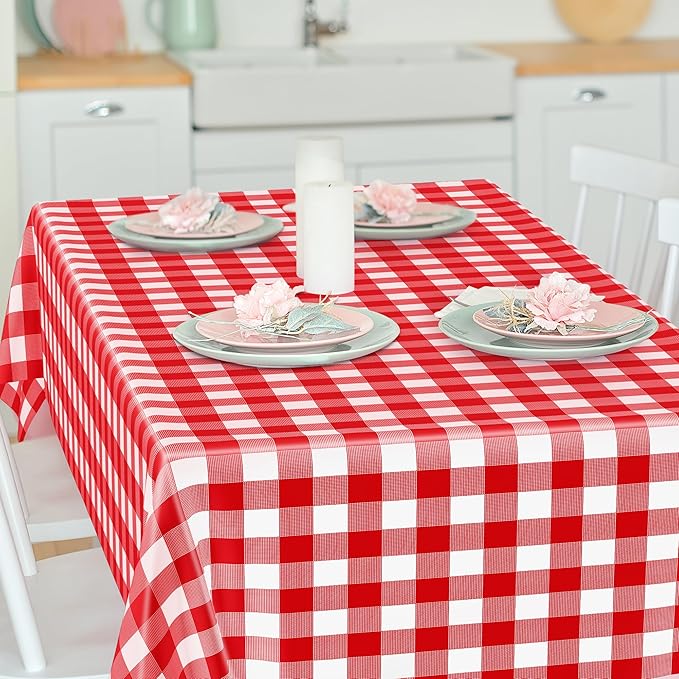 12Pack 54" x 108" Table Cloth Rectangle Table, Waterproof Plastic Table Cloth Ddisposable, Red and White Checkered Tablecloth Table Cover for Outdoor Picnic Birthday Party Gathering BBQ Holiday Dinner