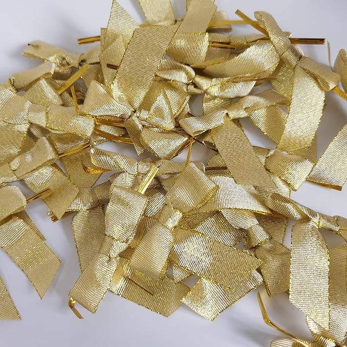 50pcs 2-1/2" Metallic Gold Bows for Crafts Pretaied Christmas Bows for Decoration with Twist Ties Hot Cut Tails(W.Gold)