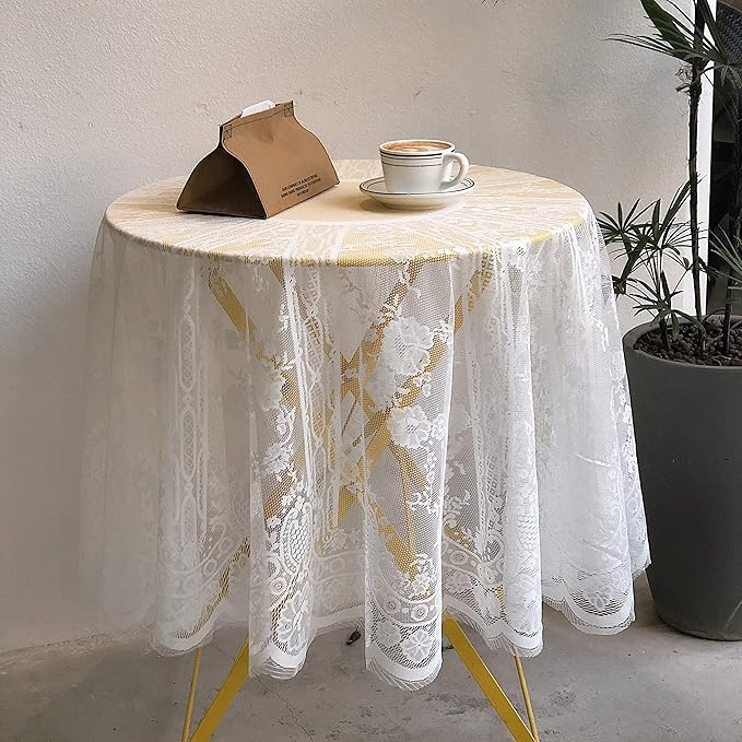 Gorgeous Round Lace Tablecloth,Vintage Floral Embroidered Table Cloths, Chic Round Table Cover for Wedding Banquet HolidayDinner Tables 60INCH (White)