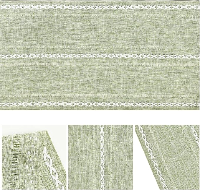 Artoid Mode Sage Green Rustic Cotton Linen Table Runner, Seasonal Embroidered Hollow Kitchen Dining Table Decoration for Home Party Decor 13x108 Inch