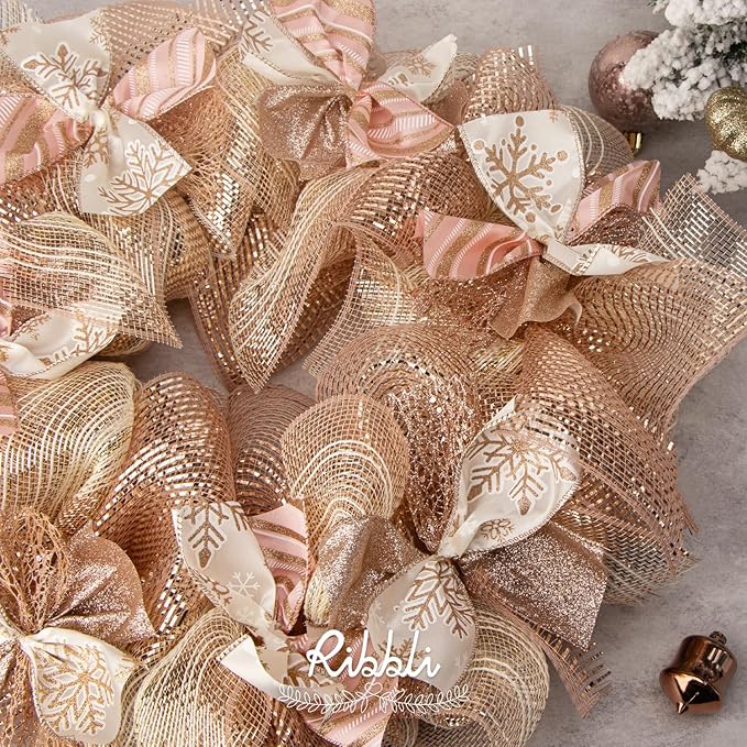 Ribbli 2 Rolls Rose Gold Mesh Ribbon,10 inch x 30 feet(10Yard) Each Roll,Metallic Rose Gold with Wide Foil,Valentine's Day Ribbon for Wreath Swags and Decorating