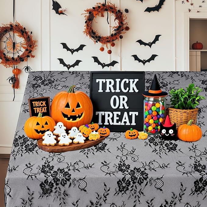 Black Tablecloth Halloween Lace Table Fabric 2pcs 60x120 Inch for Scary Movies Rustic Wedding Bridal Shower Party Decoration Rectangle Overlay Vintage Embroidered Reception Table Cloth Decor