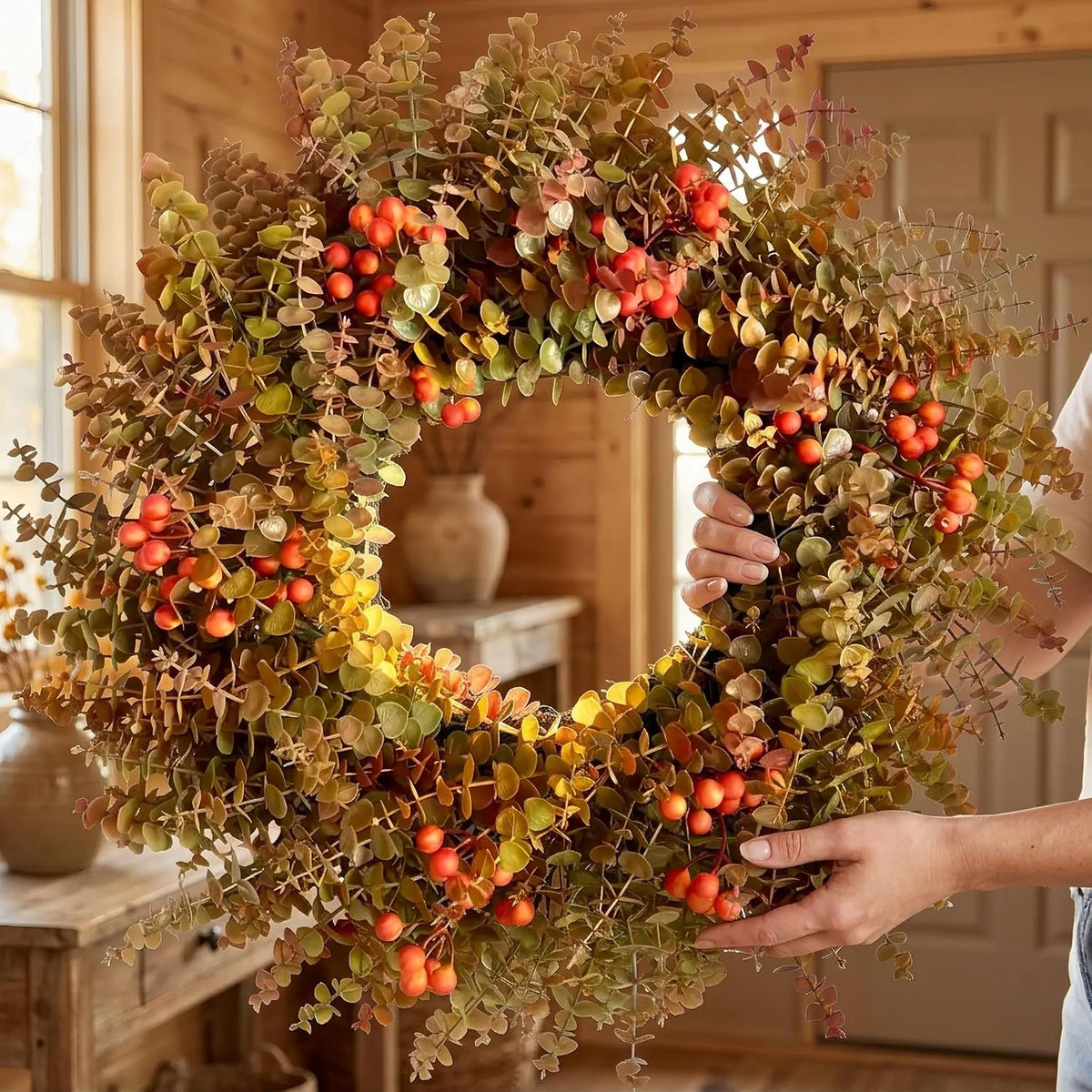 26" autumn fall eucalyptus wreath, front door burnt, side view