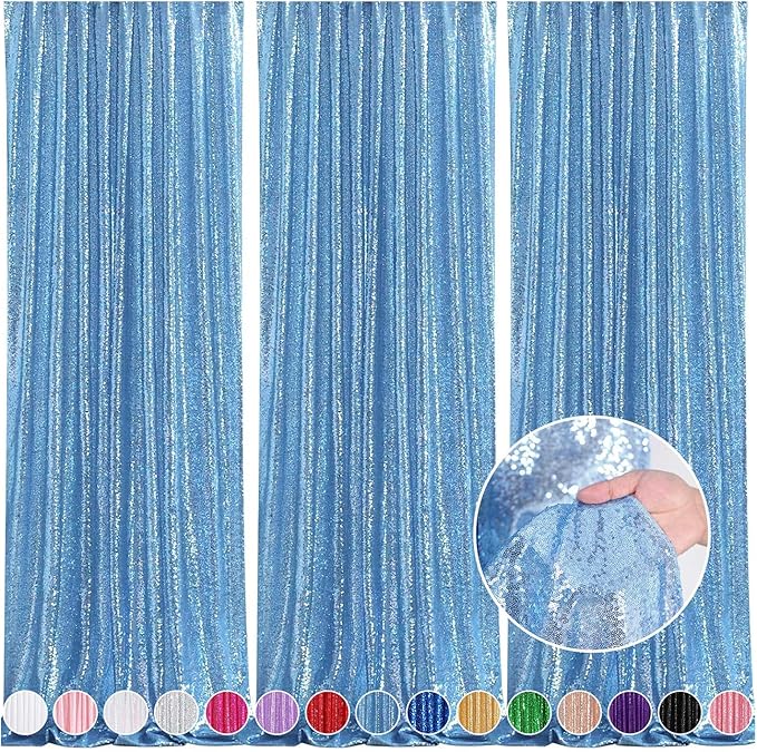 Sequin Backdrop Drapes 3 Panels Fabric Curtain 2FT x 8FT Baby Blue Wedding Photo Backdrop for Birthday Party Photography Background Home Decorations