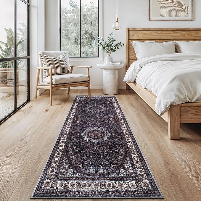 Bloom Rugs Washable Non-Slip 12 ft Runner - Navy Traditional Medallion Runner for Entryway, Hallway, Bathroom, and Kitchen - Exact Size: 2.5' x 12'