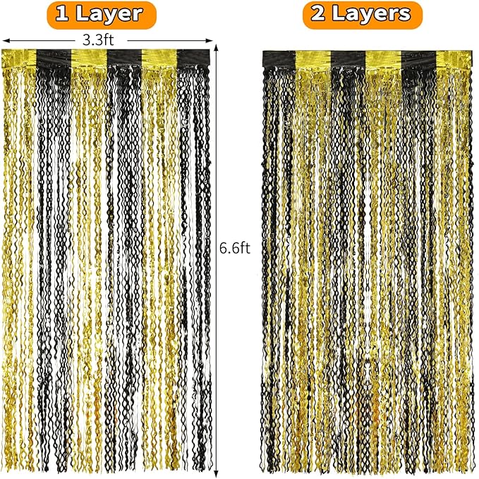 4 Pack Black and Gold Wavy Foil Fringe Curtains Pirthday Decorations,3.3 ft x 6.6 ft Metallic Foil Curtains Streamers for Party Photo Booth Props Background Decoration