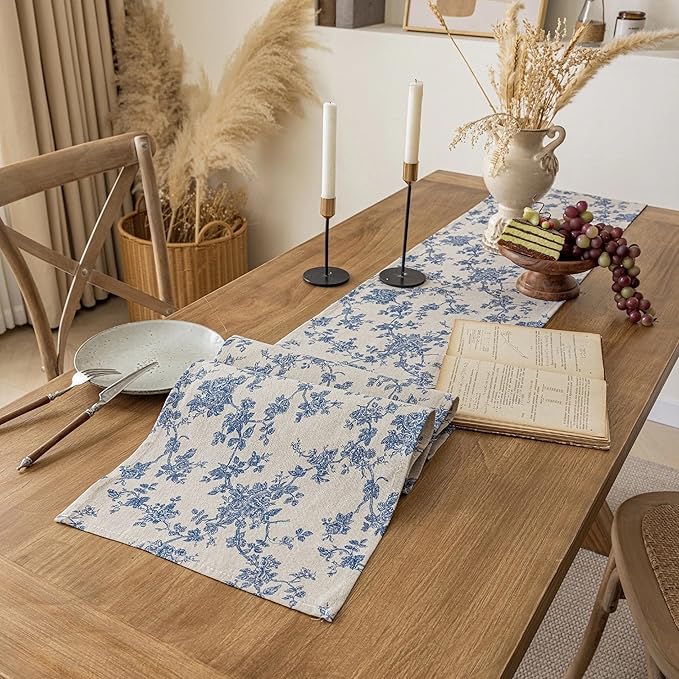 Pastoral Table Runner - 14 x 48 Inch Rectangle - Beige Linen - Washable Tabletop with Dust-Proof Wrinkle Resistant for Restaurant, Picnic, Indoor and Outdoor Dining, Floral (Dark Blue)