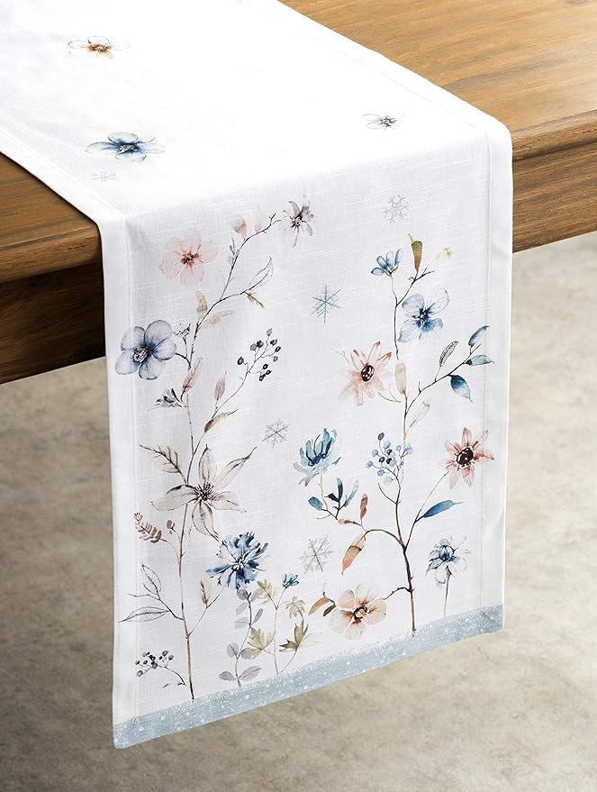 Maison d' Hermine Table Runner 100% Cotton Single Layer Table Runners 60 inches Long Decorative for Home Kitchen Dining Party Baby Shower Wedding Bridal Shower (Ice Florals, 14.50" x 60")