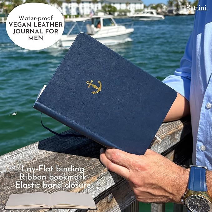 SETTINI Lined Journal, Ideal for Journaling - A5 Vegan Leather Notebook, 192 Archival-Quality Pages, QuillEase Bleed-Free Paper, Inner Pocket & Bookmark - US Navy Gifts, Navy Anchor