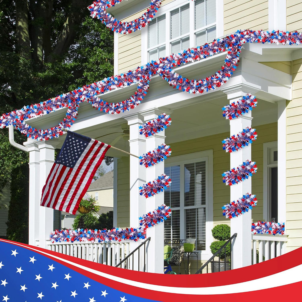52.5Ft Patriotic Glitter Tinsel Garland Decoration, Red White Blue Star Metallic Tinsel Twist Garland, 4th of July Decor Parade Golf Cart Shiny Tinsels for Car Bike Independence Day Memorial Day Decor