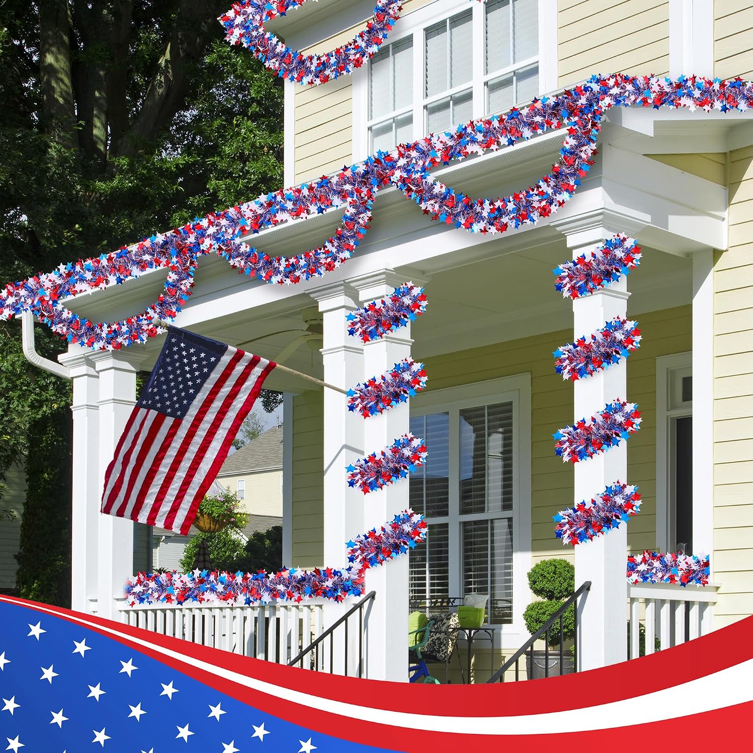 52.5Ft Patriotic Glitter Tinsel Garland Decoration, Red White Blue Star Metallic Tinsel Twist Garland, 4th of July Decor Parade Golf Cart Shiny Tinsels for Car Bike Independence Day Memorial Day Decor