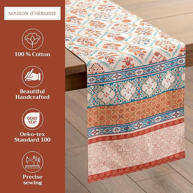 Maison d' Hermine Table Runner 100% Cotton Double Layer Table Runners 72 inches Long for Thanksgiving Christmas Decorations Home Kitchen Dining Party Wedding (Romane, 14.5" x 72")