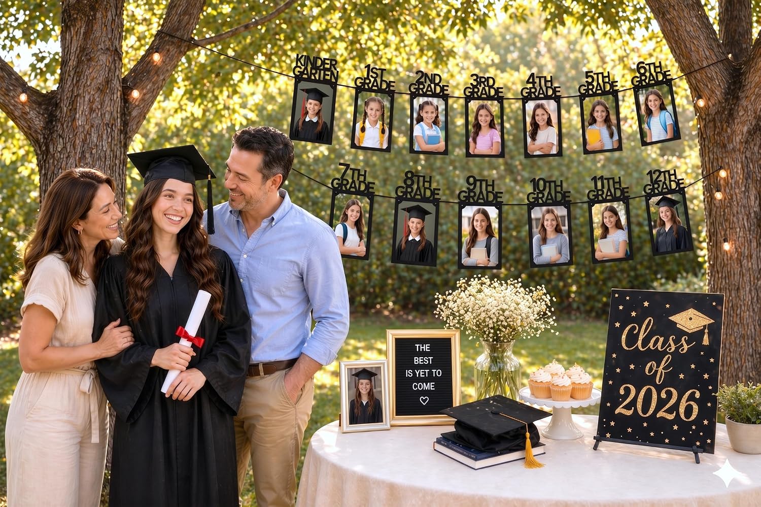 PartyHooman Graduation Photo Banner K-12, Kindergarten to 12th Grade for Middle/Junior, High/Senior Graduation Decorations 2026 | Class of 2026 Party Decorations |Pictures Party Supplies (Pre-strung)