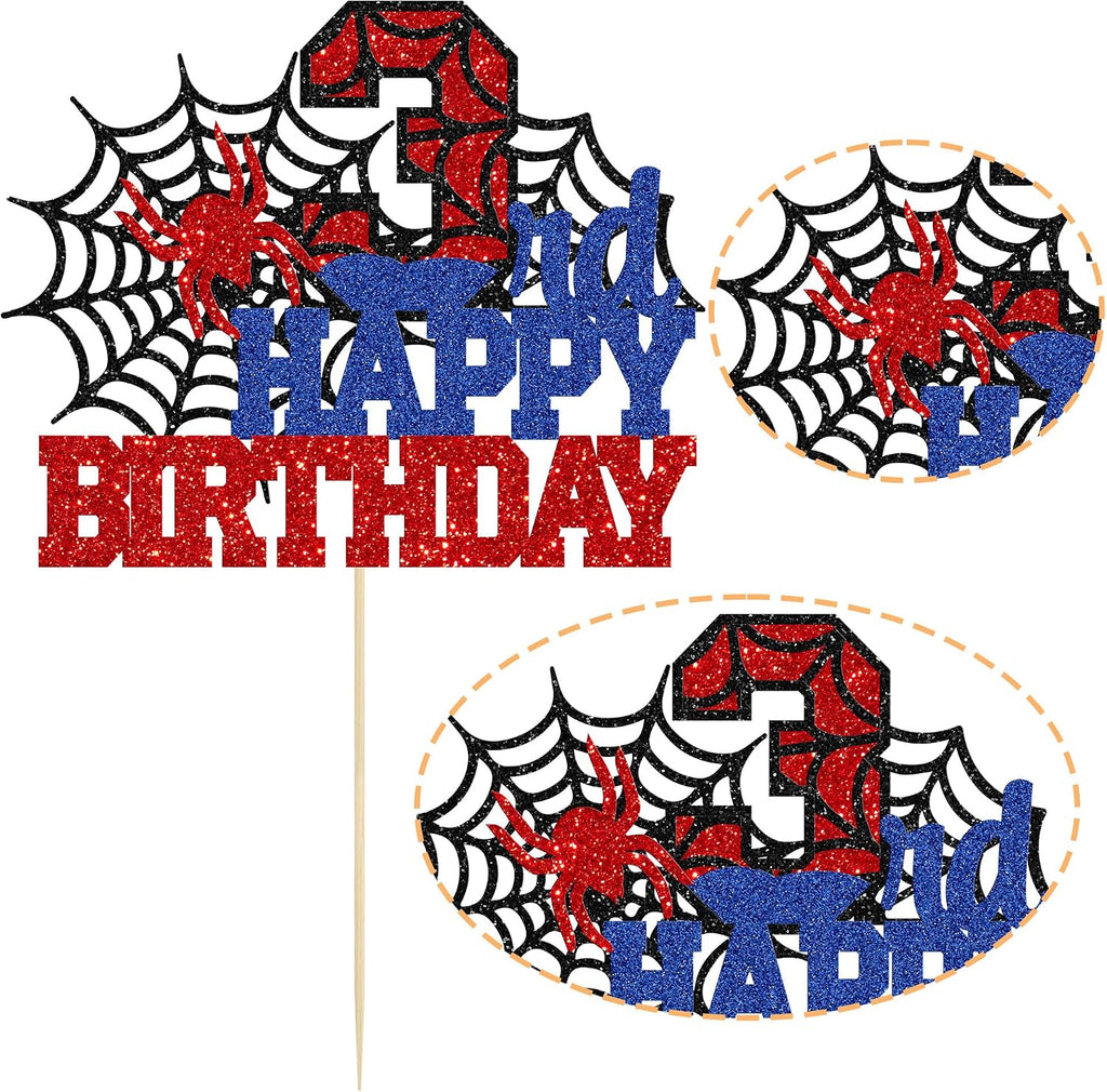 Ephlyn 1Pcs Happy 3rd Birthday Cake Topper Glitter Spider Themed Happy Third Birthday Cake Decor for Men Boy Children Three Years Birthday Party Supplies