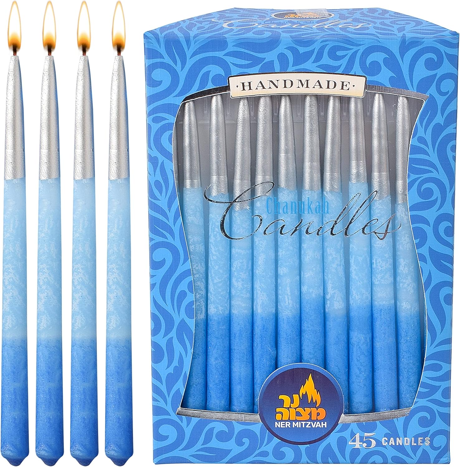 Ner Mitzvah Hanukkah Candles, Ombre Blue and Silver Dripless Chanukah Candle, Premium Quality Wax - 45 Candles for All 8 Nights