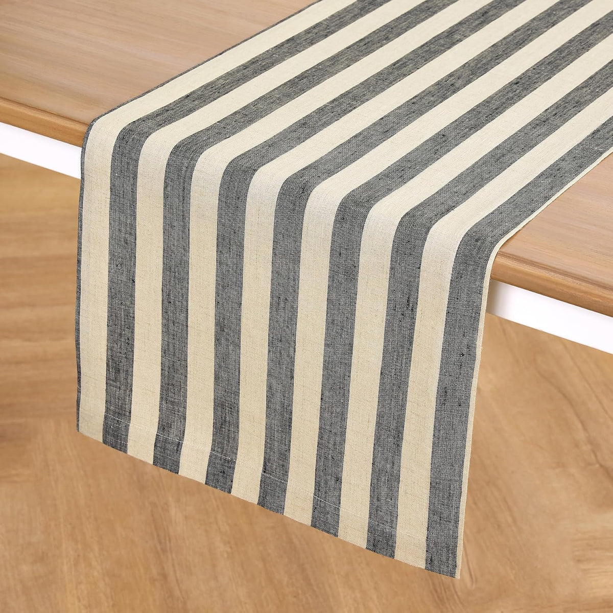 Solino Home 100% Linen Table Runner, 14 x 72 in, Black and Natural Striped