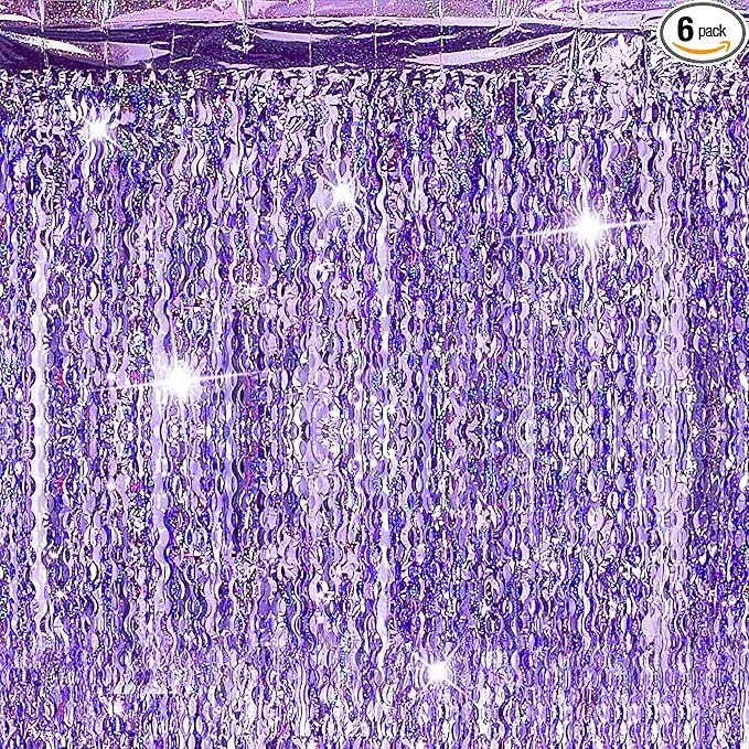 Jutom 6 Pieces 3.3 x 6.6 ft Wavy Tinsel Foil Fringe Curtains Foil Fringe Streamer Backdrop Party Curtain for Sea Mermaid Baby Shower Birthday Party Decoration(Purple)