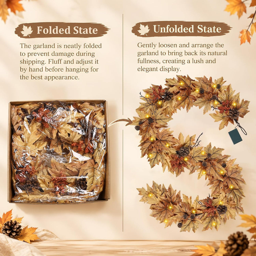 6ft lighted fall garland with 30 lights &, close-up detail